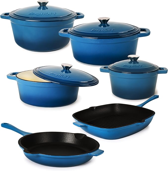 BergHOFF 10Pc Neo Enameled Cast Iron Cookware Set, Matching Lid, Oven Safe Up To 400°F, Blue