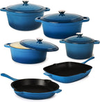 BergHOFF 10Pc Neo Enameled Cast Iron Cookware Set, Matching Lid, Oven Safe Up To 400°F, Blue