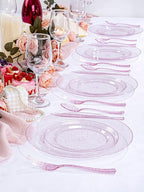 WDF 200PCS Pink Plastic Plates - Rose Gold Glitter Plastic Plates - Heavy Duty Pink Glitter Disposable Plates - Include 100 Dinner Plates 10" and 100 Dessert Plates 7" for Parties/Wedding