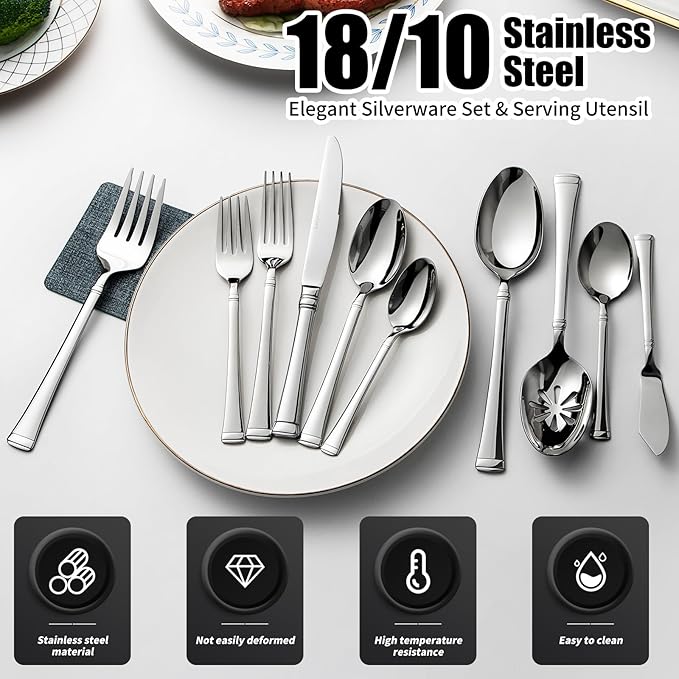 Heavy Silverware Set,45 Piece Flatware Set with Serving Utensils,18/10 Stainless Steel Cutlery Set for Kitchen,Home,Wedding,Mirror Polished,Dishwasher Safe