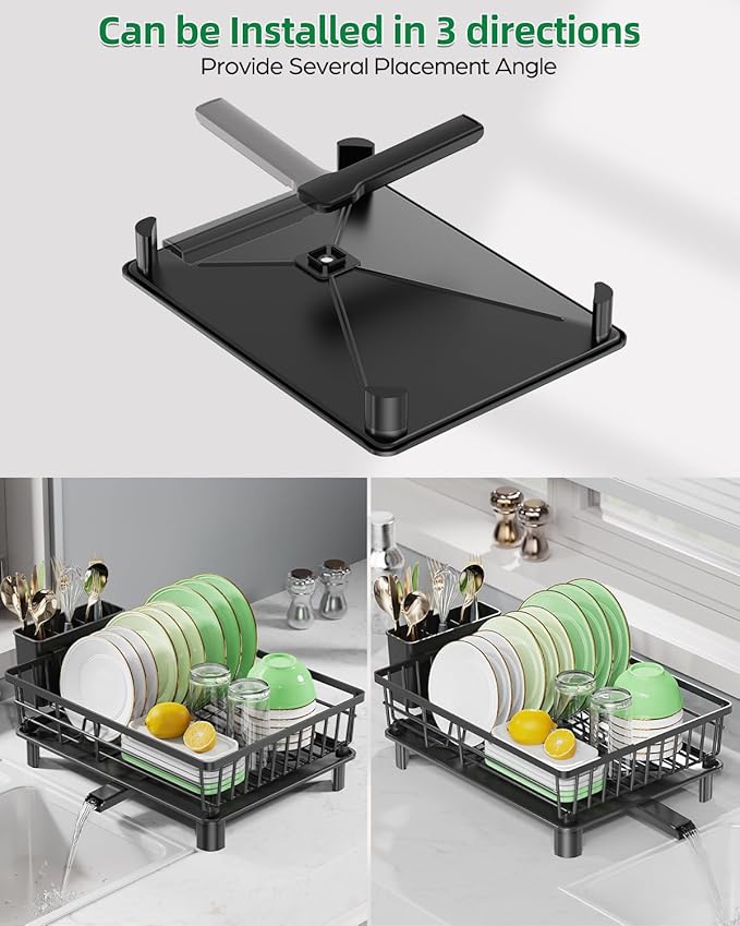 Dish Drying Rack for Kitchen Counter, Stainless Steel Drainer Anti Rust, Smart Drainage System Drainboard with Detachable Cutlery Holder, Handwash Dish Helper for Home, Apartment Space Saving