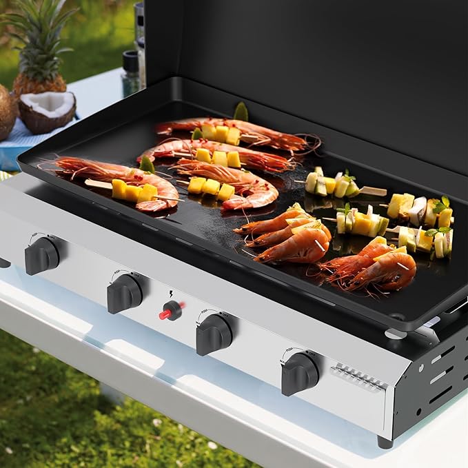4 Burner BBQ Gas Griddle with Hood, 30 Inch Stainless Steel Portable Detachable Propane Griddle, 60,000 BTU Flat Top Barbecue Grill with Lid for Camping