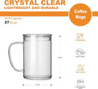 LUXU Glass Coffee Mugs (Set of 2),27oz Large Glass Coffee Cups Clear Glass Tea Cups Overnight Oats Containers with Glass Lid,Cute Coffee Bar Accessories,Iced Coffee Glasses for Latte,Cereal,Yogur