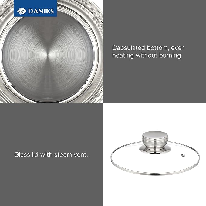 Daniks Standard Stainless Steel Stock Pot with Glass Lid – Induction 3 Quart, Dishwasher Safe, Measuring Scale, For Soup, Pasta, Stew, Silver