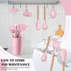 HaWare Kitchen Cooking Utensils Set, 23-Piece Silicone Kitchen Utensils Spatula Set with Holder, Heat Resistant Wooden Handle Kitchen Gadget for Nonstick Cookware, Food-grade Turner Spoon Sets (Pink)