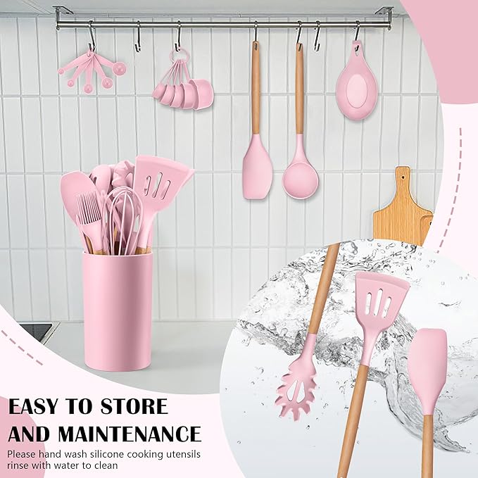 HaWare Kitchen Cooking Utensils Set, 23-Piece Silicone Kitchen Utensils Spatula Set with Holder, Heat Resistant Wooden Handle Kitchen Gadget for Nonstick Cookware, Food-grade Turner Spoon Sets (Pink)