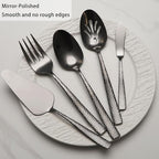 Large Hostess Serving Utensils Set, Stainless Steel Heavy Duty Hammered Serving spoons, Slotted Spoons, Serving Fork, Cake Server, Butter Knife, Dishwasher Safe（Black）