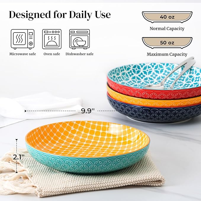 DOWAN 10" Vibrant Pasta, Salad & Soup Serving Bowls Set of 4, Embossed Large Porcelain Ceramic, Microwave & Dishwasher Safe, Bonita Design Dinnerware Dishes for Daily Dining, Family Gatherings, Party