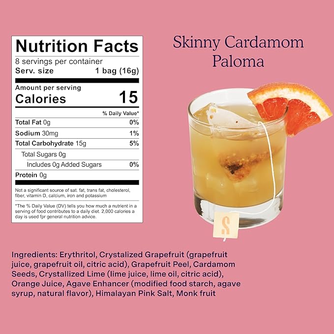 SAYSO Skinny Cardamom Paloma | The Original Craft Cocktail Tea Bag Mixer | Organic, Certified Gluten-free, Non-GMO |< 15 Cal, 0g Sugar, Steep in Cold Water & Spirits, For a Perfect Mocktail, 8 count
