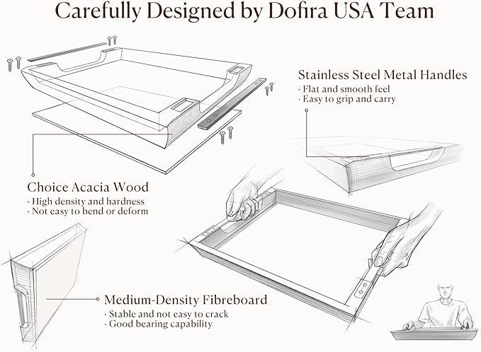 Acacia Wood Serving Tray with Metal Handles, 17x13in Food Drinks Tray for Coffee Table, Breakfast, Dinner & Bar, Rustic Decorative Storage Tray for Ottoman, Kitchen, Packaging
