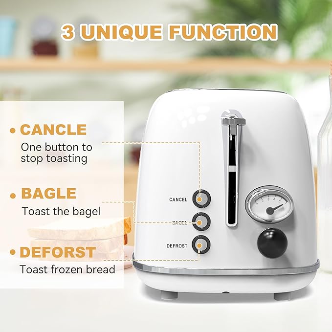 Toaster 2 slice,Retro Stainless Steel Toaster with 6 Settings, 1.5 In Extra Wide Slots, Bagel/Defrost/Cancel Function, Removable Crumb Tray (White)