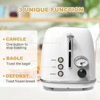 Toaster 2 slice,Retro Stainless Steel Toaster with 6 Settings, 1.5 In Extra Wide Slots, Bagel/Defrost/Cancel Function, Removable Crumb Tray (White)