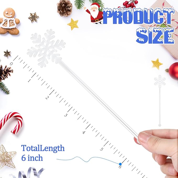 Chengu 100 Pcs Christmas Drink Stirrers Xmas Stir Sticks Bulk Holiday Coffee Stirrers Plastic Swizzle Stick Hot Cocoa Bar Supplies Chocolate Decoration Reusable Cocktail Mixer(White Snowflake)