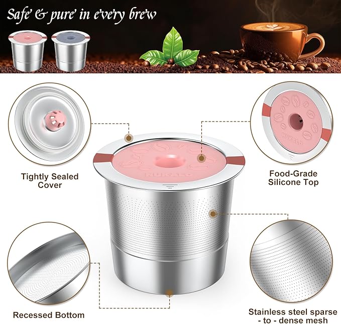 Kcup refillable coffee pod : Reusable Stainless Steel K Cups for Keurig Metal K Cup - Pink & Gray Reusable Coffee Filter for Keurig 1.0 & 2.0 Coffee Maker - Eco-Friendly, Stratum Flow Tech