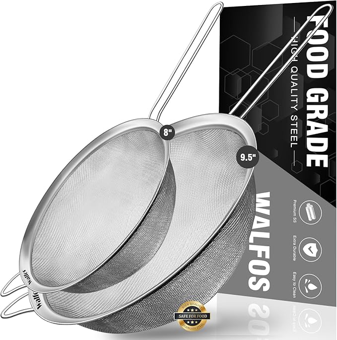 Walfos Large Fine Mesh Strainer 9.35" & 7.8", Stainless Steel Mesh Sieve with Sturdy Handle, Kitchen Metal Food Strainers for Quinoa, Rice, Pasta, Fruits, Vegetables, etc., Set of 2