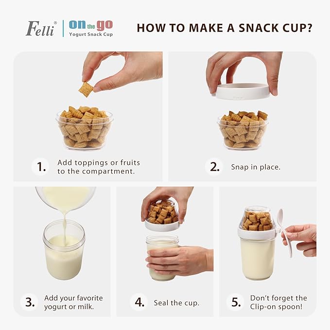 Felli On the Go Yogurt Parfait Snack Cup with Lid 100% Leak Proof, Reusable Travel Container with Spoon + Fruit & Granola Holder for To Go Cereal, Overnight Oats, Chia Pudding Jar (2, Blue Moon)