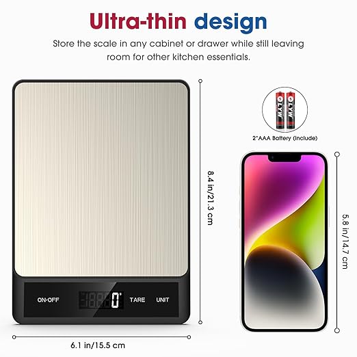 Mik-Nana Food Scale, Digital Kitchen Scale with 6 Units Tare Function & LCD Display, 11lb Stainless Steel Weight Grams and Ounces for Baking, Cooking and Meal Prep (Batteries Included)