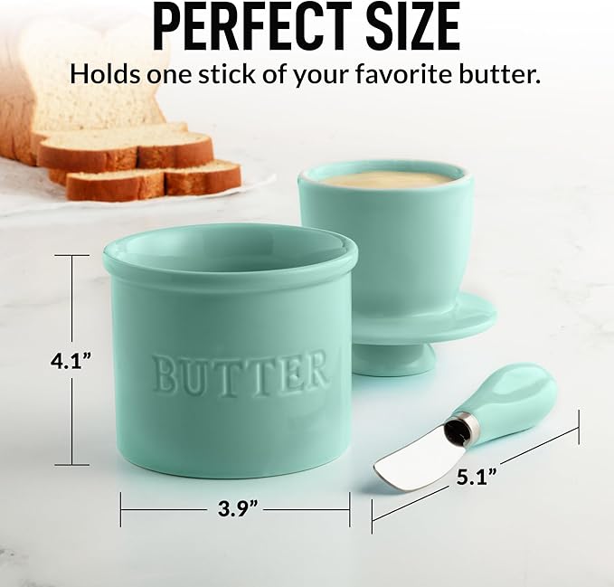 Zulay Kitchen Porcelain Butter Crock With Lid & Knife - Authentic French Butter Dish For Fresh & Spreadable Butter - Mint