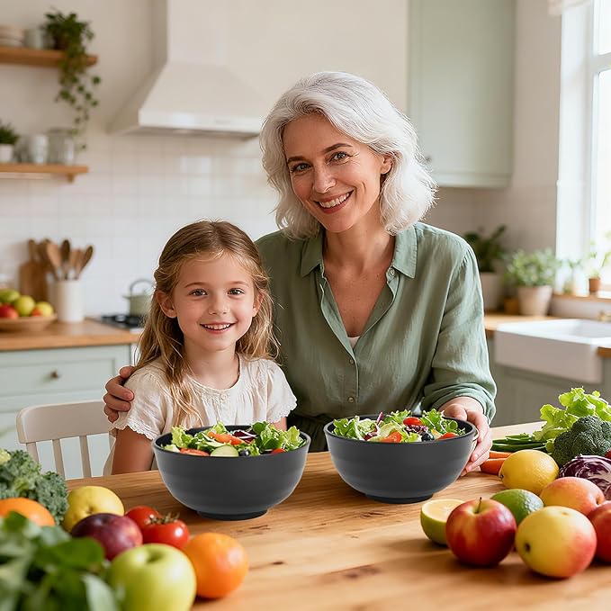 Wheat Straw Bowls Set of 6, Unbreakable Lightweight 60 OZ Salad Bowls for Kitchen and Camping, Big Plastic Bowl for Serving, Cereal, Ramen, Soup, Microwave & Dishwasher Safe, Black