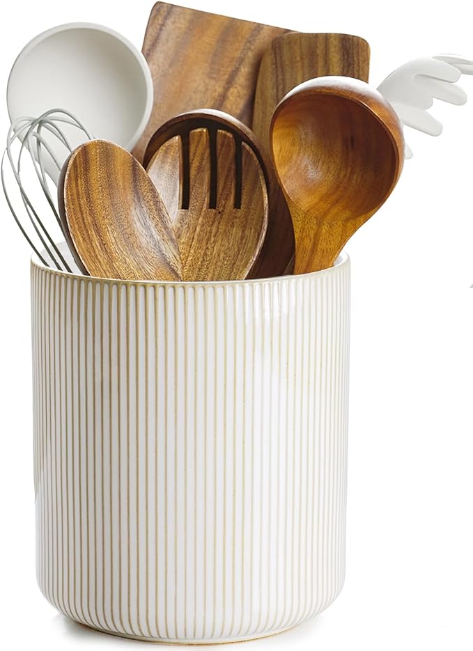 getstar Large Kitchen Utensil Holder for Kitchen Counter (H7.2” x W6.2”), Ceramic Cooking Utensil Holder with Cork Mat (Vintage)