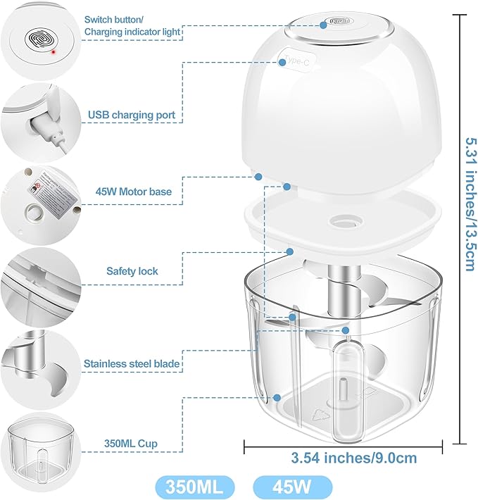 350ML Electric Garlic Chopper, Portable Mini Food Processor, USB Garlic Mincer Masher with 6 Stainless Steel Blade, Rechargeable Vegetable Chopper for Ginger, Chili, Meat, Spices