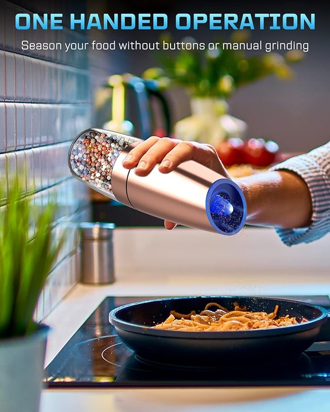 XinXu Gravity Automatic Electric Pepper and Salt Grinder, Auto Salt or Pepper Mill Shaker Stainless Steel,Blue LED Light,One Hand Operated, Copper