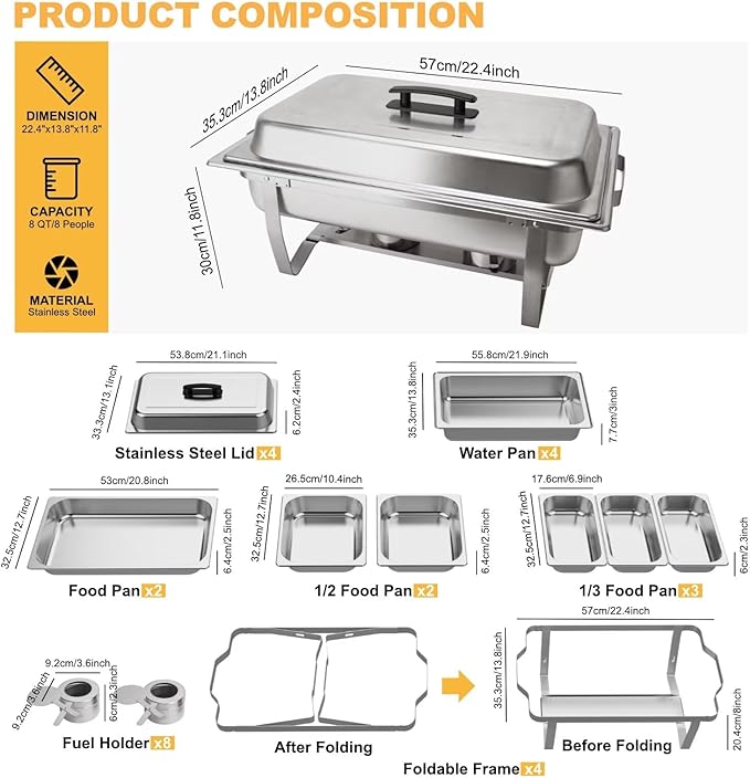 4 Pack 8QT Rectangular Chafing Dish Buffet Set Stainless Steel Catering Chafers Food Warmer with Full,Half,1/3 Food Pan,Fuel Holder,Foldable Frame For Weddings/Parties/Banquets Events