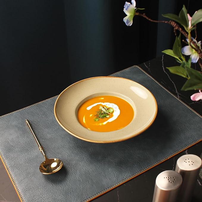 Pasta Plates with Rim 12 oz, Soup Bowl Pasta Bowl Set of 2, Shallow Bowl Plate, Ceramic Wide Rimmed Soup Bowl, Best choice for high-end restaurants, hotels, and foodies,11 Inch Beige