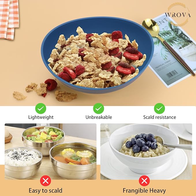 65oz Big Wheat Straw Bowls - Large Salad Bowls set of 6 - Unbreakable Serving Bowls - Microwave & Dishwasher Safe - Oval Bowls for Cereal,Salad,Fruit - Ocean Series