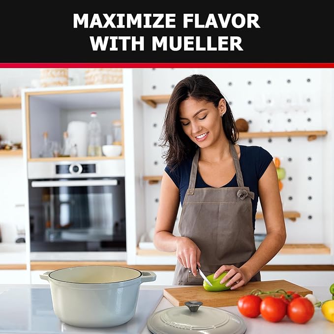 MÜELLERHOME 7.5 QT Enameled Cast Iron Dutch Oven, Heavy-Duty Casserole Dish and Braiser Pan with Lid and Stainless Knob, Oven-Safe up to 500° F & Across All Cooktops, Oyster White