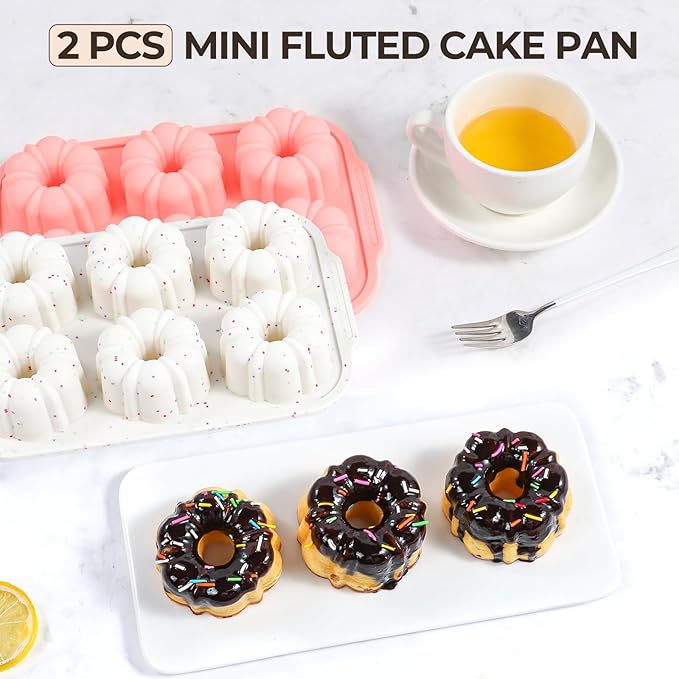 Mini Fluted Tube Cake Pans for Baking with Metal Reinforced Frame, 2Pcs Silicone 6-Cavity Mini Flan Molds, Nonstick Baking Mold for Cupcake, Brownie, Donuts, Cornbread, Jello