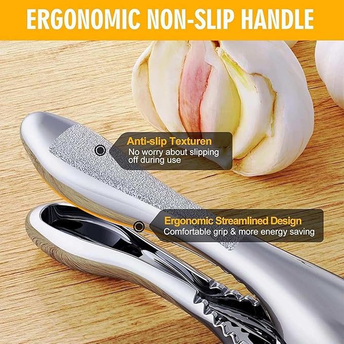 3-in-1 Stainless Steel Garlic Press & Peeler Machine - Professional Garlic Mincer, Crusher, and Chopper with Silicone Peeler & Brush - Essential Kitchen Gadget for Perfectly Minced Garlic