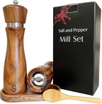 Wooden Salt and Pepper Grinder Set:Pepper Grinder Manual,Adjustable Coarseness,Crafted of Acacia Wood with Ceramic/Stainless Steel Core|Along with Salt&Pepper Mill Tray,Spoon,8in,2pack