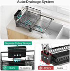 GSlife Extendable Dish Drying Rack - Large 2-in-1 Dish Racks for Kitchen Counter or Over Sink, Anti-Rust Dish Drainer with Drainboard, 2 Pan Slots and Utensil Holder, Black