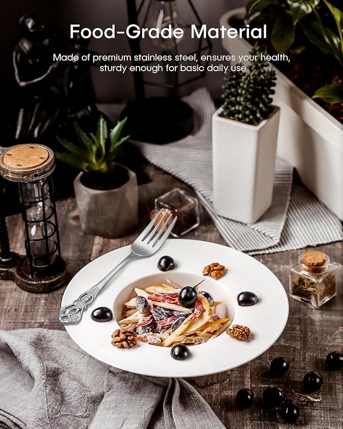 48 Pieces Retro Silverware Set for 8, Food-Grade Stainless Steel Cutlery Flatware Set with Forks Spoons Knives Set, Mirror Polished Tableware Eating Utensils Set,Dishwasher Safe