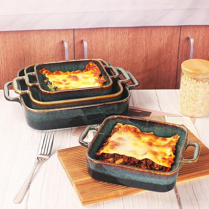 7" x 7" Porcelain Square Casserole Dishes, 2 pieces Baking Dish for Oven, 32 OZ Ceramic Lasagna Pans, Oven Safe Bakeware for Kitchen Cooking, Cake, Banquet and Dinner