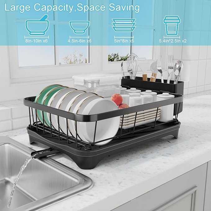 Dish Drying Rack with Drainboard - Space Saving Single Layer Drying Rack,Large Capacity Kitchen Organizer with Utensil Holder & Cutlery Tray, Countertop Dish Drainer Black