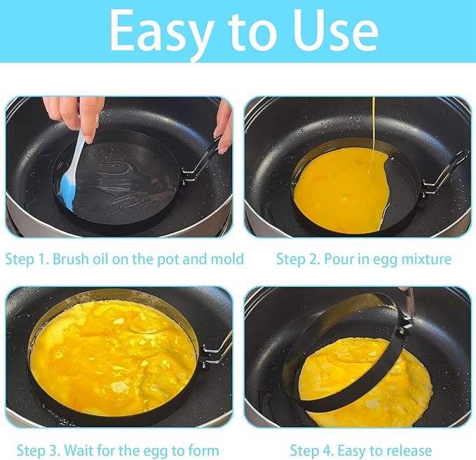 Pancake Mold, 2 Pack 8 Inch Large Stainless Steel Egg Rings With Oil Brush, Nonstick Round Griddle With Handle for Frying Eggs, Muffins, Sandwich, Burger, Burrito, Tacos, Breakfast