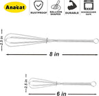Anaeat Small Wire Whisk Set of 2, Portable Stainless Steel Kitchen Tiny Whisk & Egg Beater with Thick Wire - Sturdy Mini Mixing Balloon for Cooking, Blending, Whiping, Beating and Stirring (6" + 8")