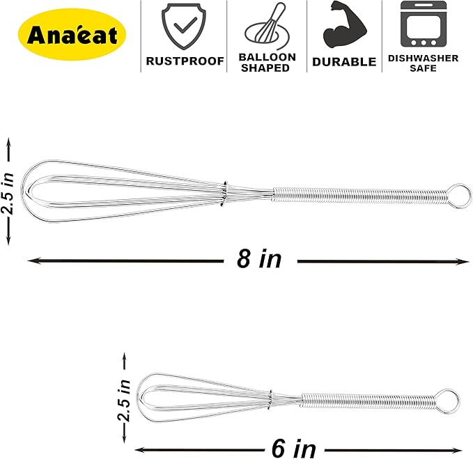 Anaeat Small Wire Whisk Set of 2, Portable Stainless Steel Kitchen Tiny Whisk & Egg Beater with Thick Wire - Sturdy Mini Mixing Balloon for Cooking, Blending, Whiping, Beating and Stirring (6" + 8")