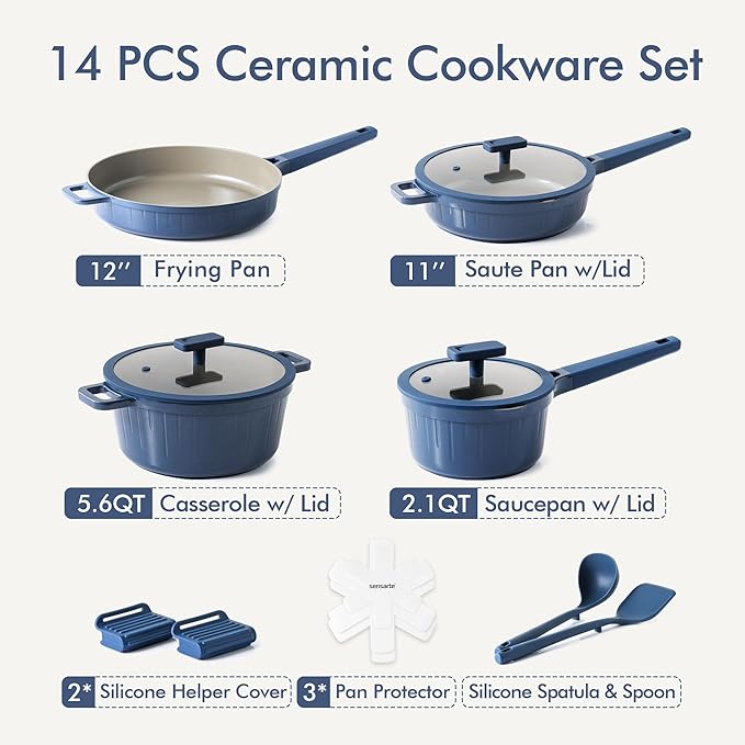 SENSARTE Ceramic Cookware Set Non-toxic 14 Pcs, Nonstick Pots and Pans Set, Dishwasher Safe Induction Cookware, Healthy Kitchen Cooking Set, PFOA/PFAS/PTFE Free