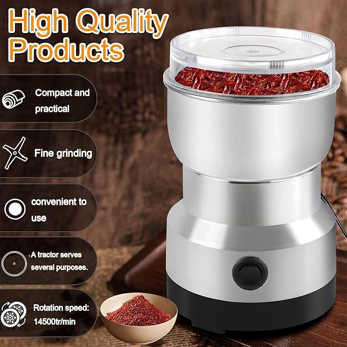 Electric Grinder, 10-Second Fast Grinding for Coffee Beans/Spices/Grains, Stainless Steel Blades, Low Noise Compact for Kitchen Use