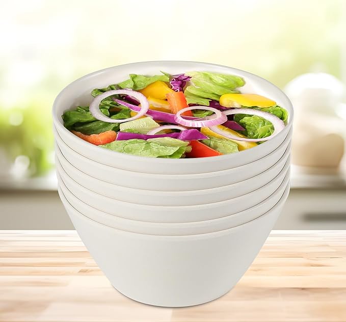Bamboo Fiber Cereal Bowls Set 6 Pieces, 24 Ounce Soup Bowls White, Melamine Bowls Set Large for Kitchen, Deep Serving Bowls for Cereal, Soup, Oatmeal, Rice, Pasta, Salad, Off-white
