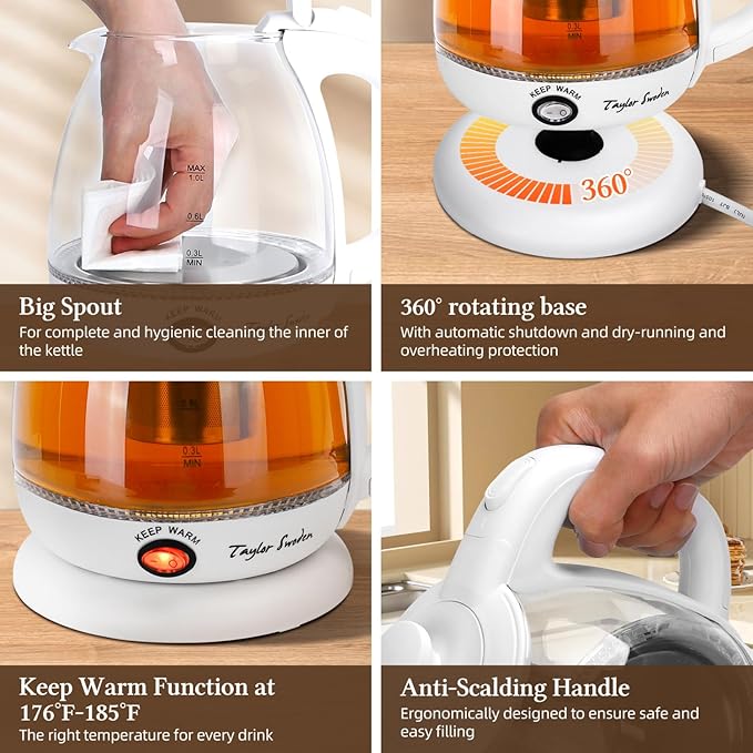 Taylor Swoden Electric Kettle with Tea Infuser, 1L Small Electric Tea Kettle with Keep Warm, LED Light Hot Water Boiler & Heater for Coffee & Tea, Auto Shut-Off & Boil Dry Protection, BPA Free, White