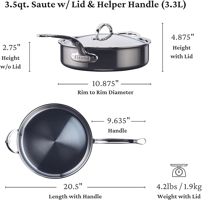 Hestan - NanoBond Collection - Titanium Stainless Steel 3.5-Quart Sauté Pan with Lid - Toxin, PFAS, & Chemical Free Clean Cookware, Induction Cooktop Compatible
