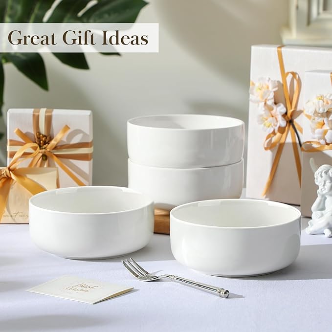 MALACASA 24 OZ Cereal Bowls, 5.8 Inch Soup Bowls Ceramic Bowl Sets of 4, Breakfast Bowls Set for Kitchen, Dishwasher Microwave Oven Safe, White, Series LUNA