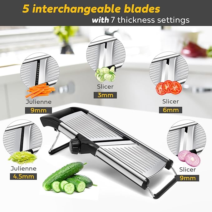 Mandoline slicer, Stainless Steel adjustable Mandoline vegetable slicer, mandoline for kitchen, Vegetable Cutter potato,onion,cucumber slicer, with paring knife, brush and cutproof gloves