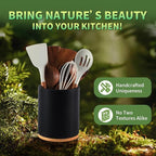 Wooden Utensil Holder, 360°Rotating 7.3'' Large Utensil Holder for Kitchen Counter, Kitchen Utensil Organizer, Utensil Crock, Farmhouse Kitchens Countertop Decor, Black Color