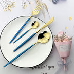 JASHII Flatware Serving Set 24 Piece, Stainless Steel Silverware Set, Blue Gold Cutlery Set, Modern Elegant Tableware Set for Party, Christmas, Dinner (Blue Gold)