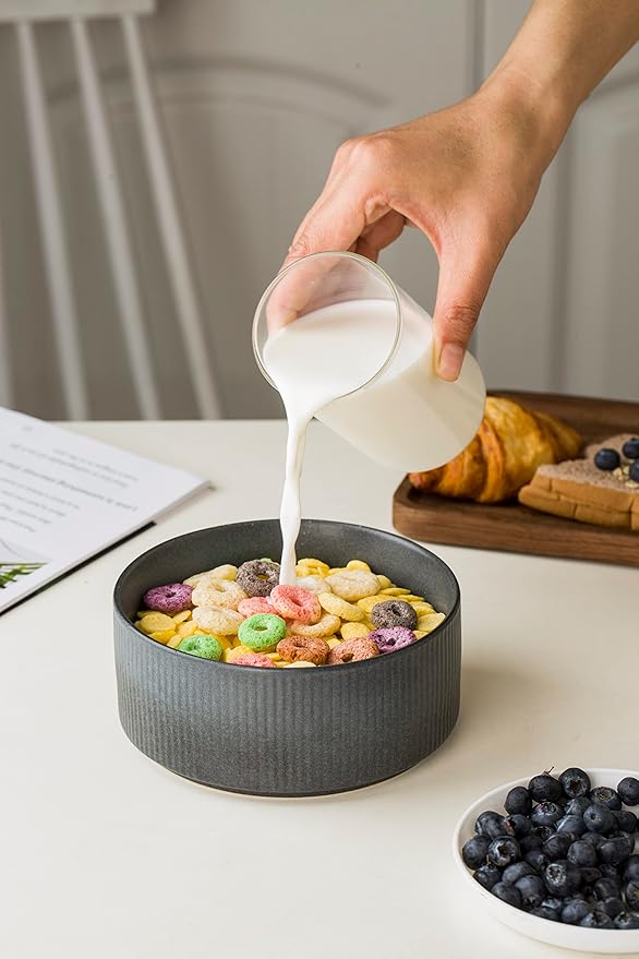 famiware Star Cereal Bowl Set, Soup Bowls Set of 6, Double Reactive Glaze, Stackable, 23 oz Deep Bowls Suitable for Popcorn, Oatmeal, Dessert - Dishwasher and Microwave Safe, Matte Dark Charcoal